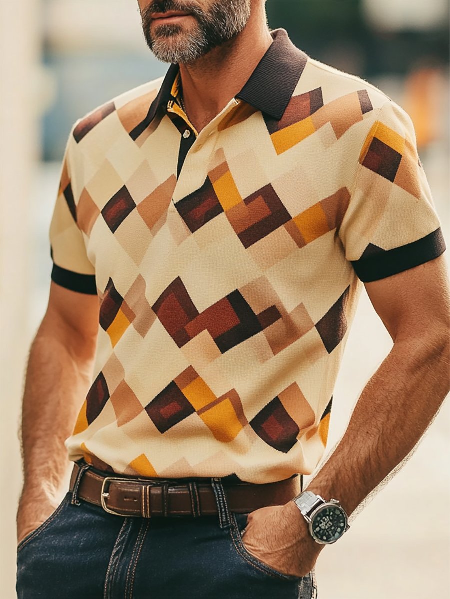 Camisa polo casual ejecutivo geométrico estampado con botones de manga corta para hombre