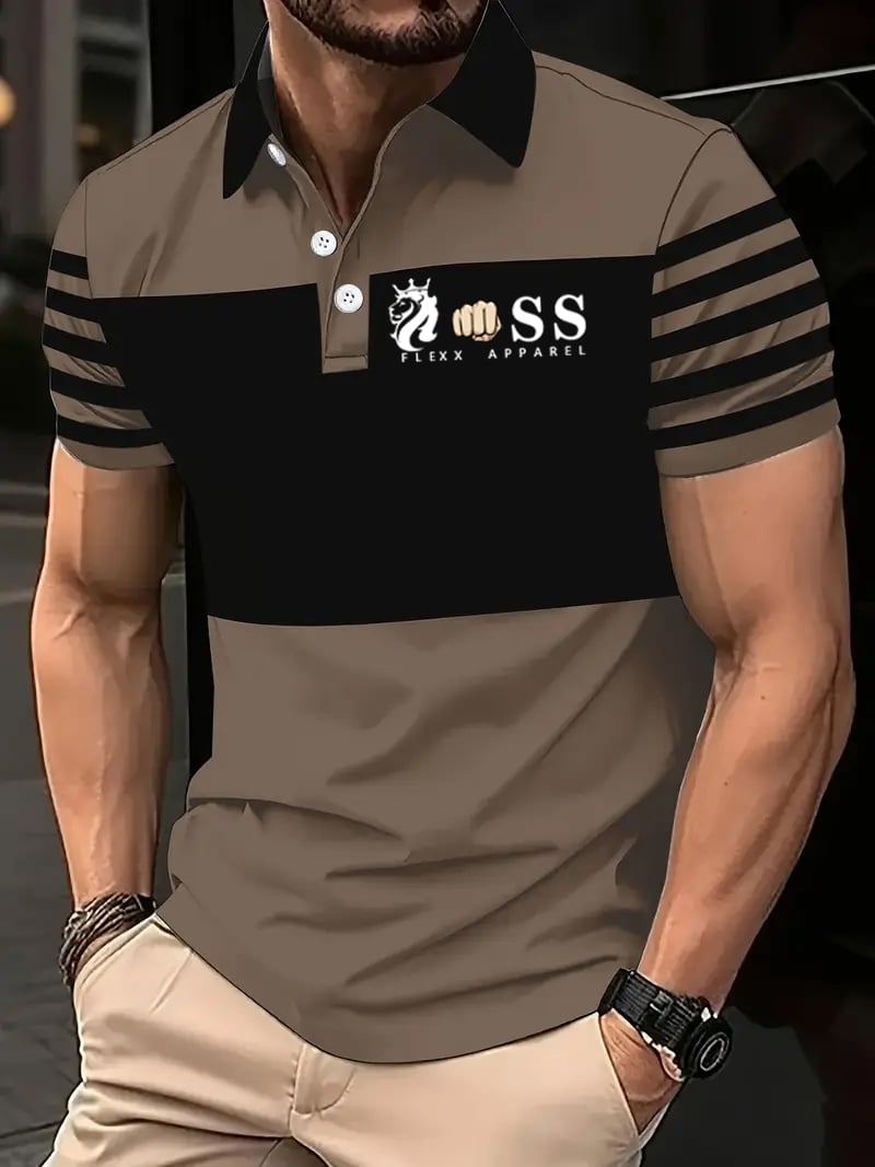 Camisa polo retro Letter Design estampado casual para hombre