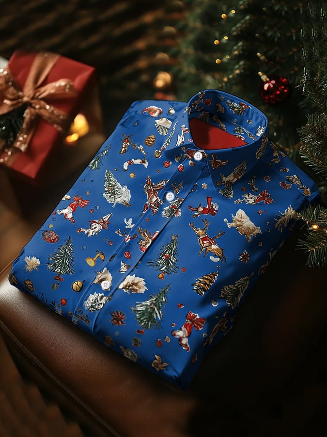 Camisa de lujo Christmas Contrast Color estampado de manga larga para hombre
