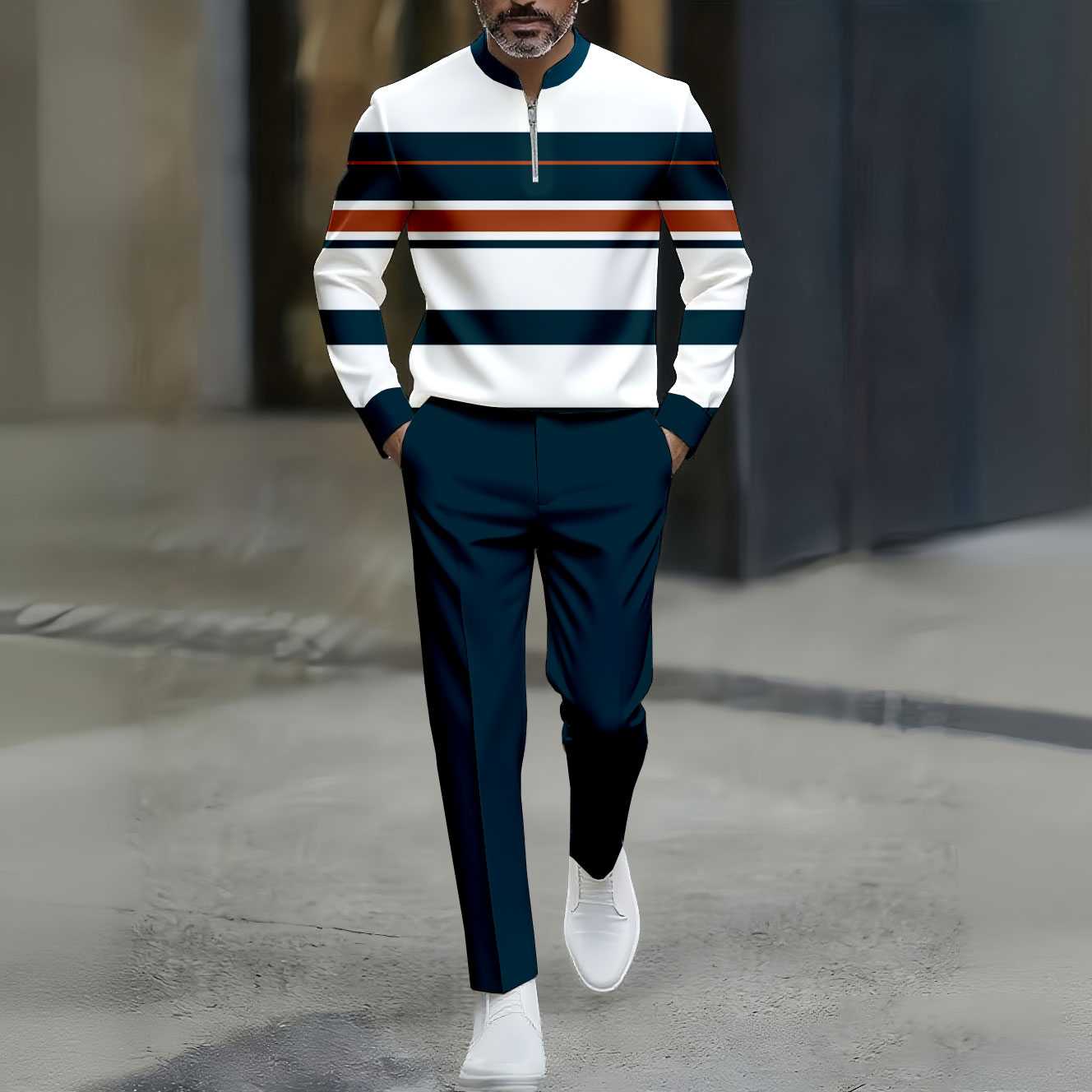 Conjunto de dos piezas casual Navy Blue & White Color Matching a rayas estampado Round-Neck Zipper de manga larga Trousers para hombre