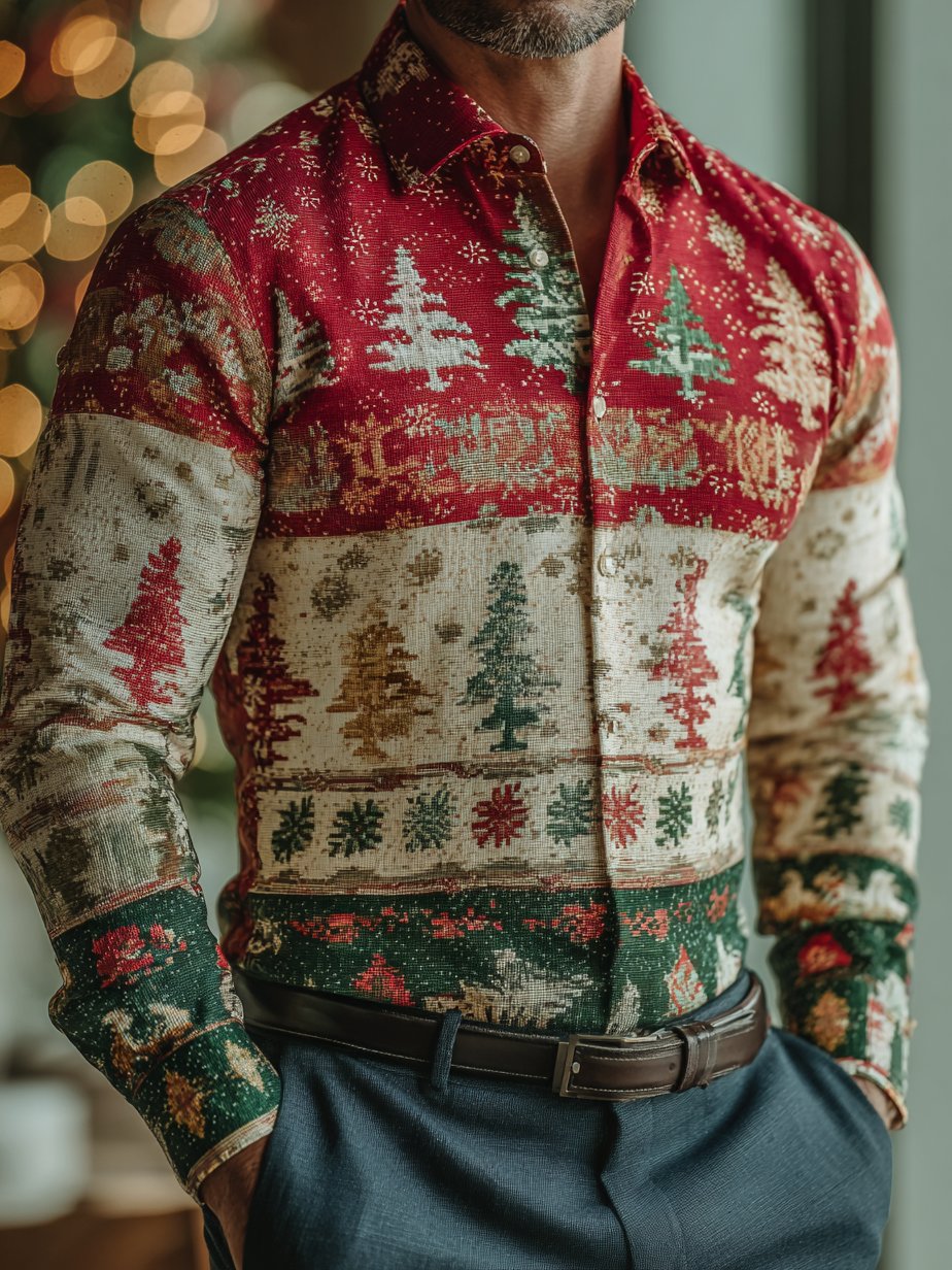 Camisa ejecutivo Christmas estampado de manga larga para hombre