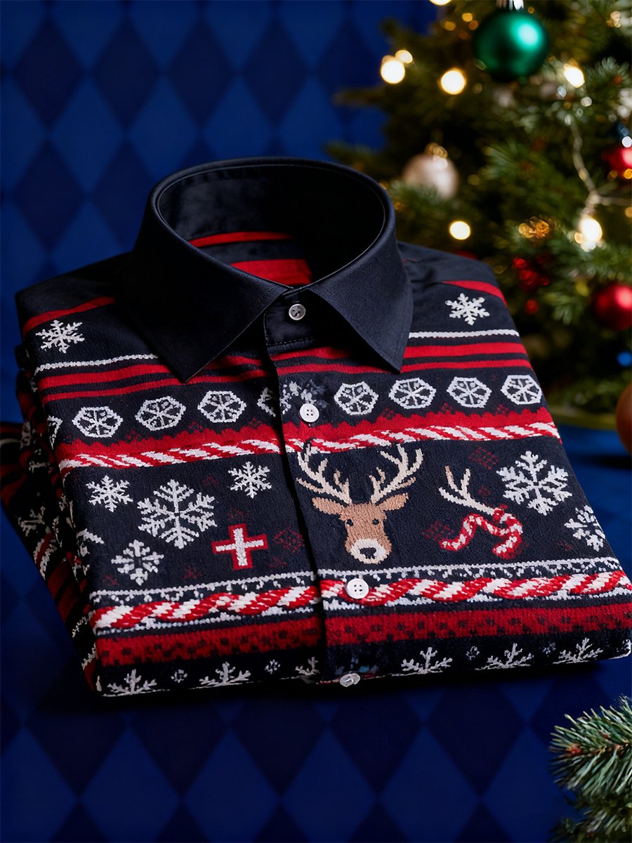 Camisa Christmas de manga larga con botones para hombre