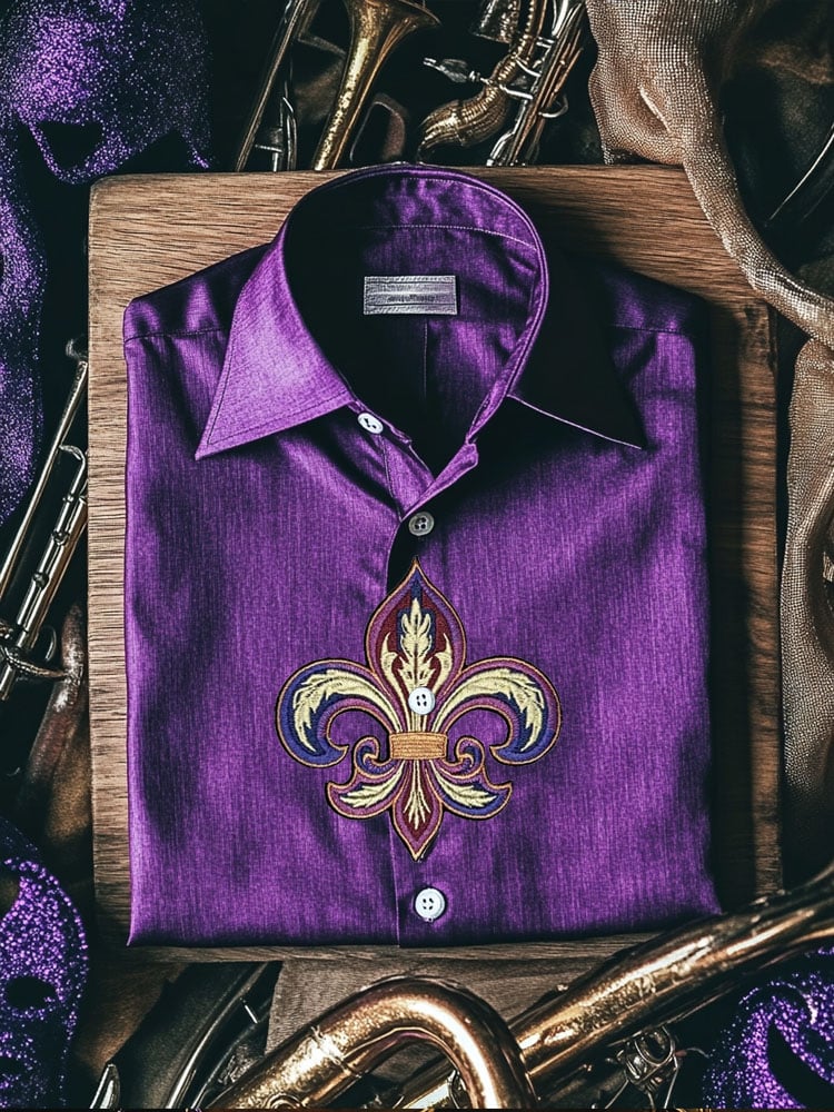 Camisa Purple Mardi Gras Theme de lujo de manga larga para hombre