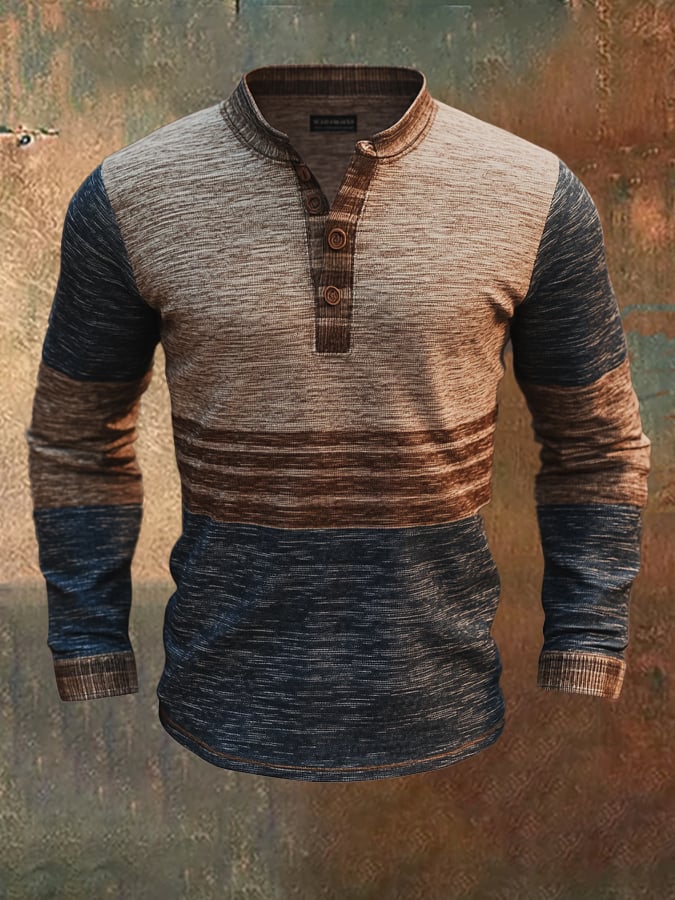 Retro en bloques de color de manga larga Henley para hombre