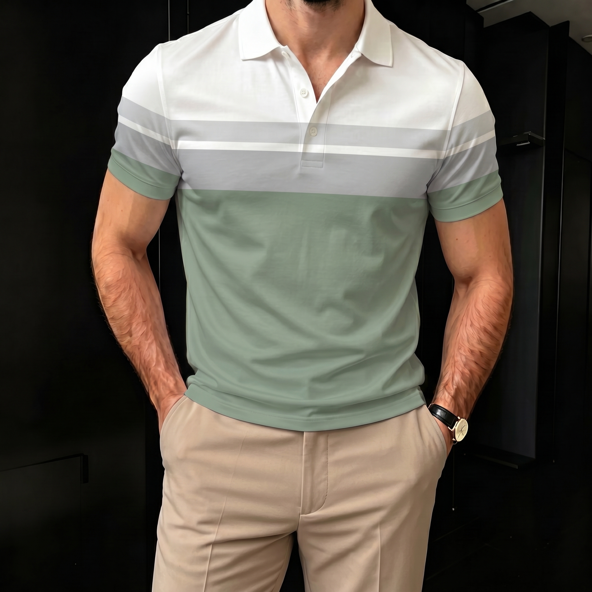 Camisa polo casual Light Green And Gray rayas para hombre