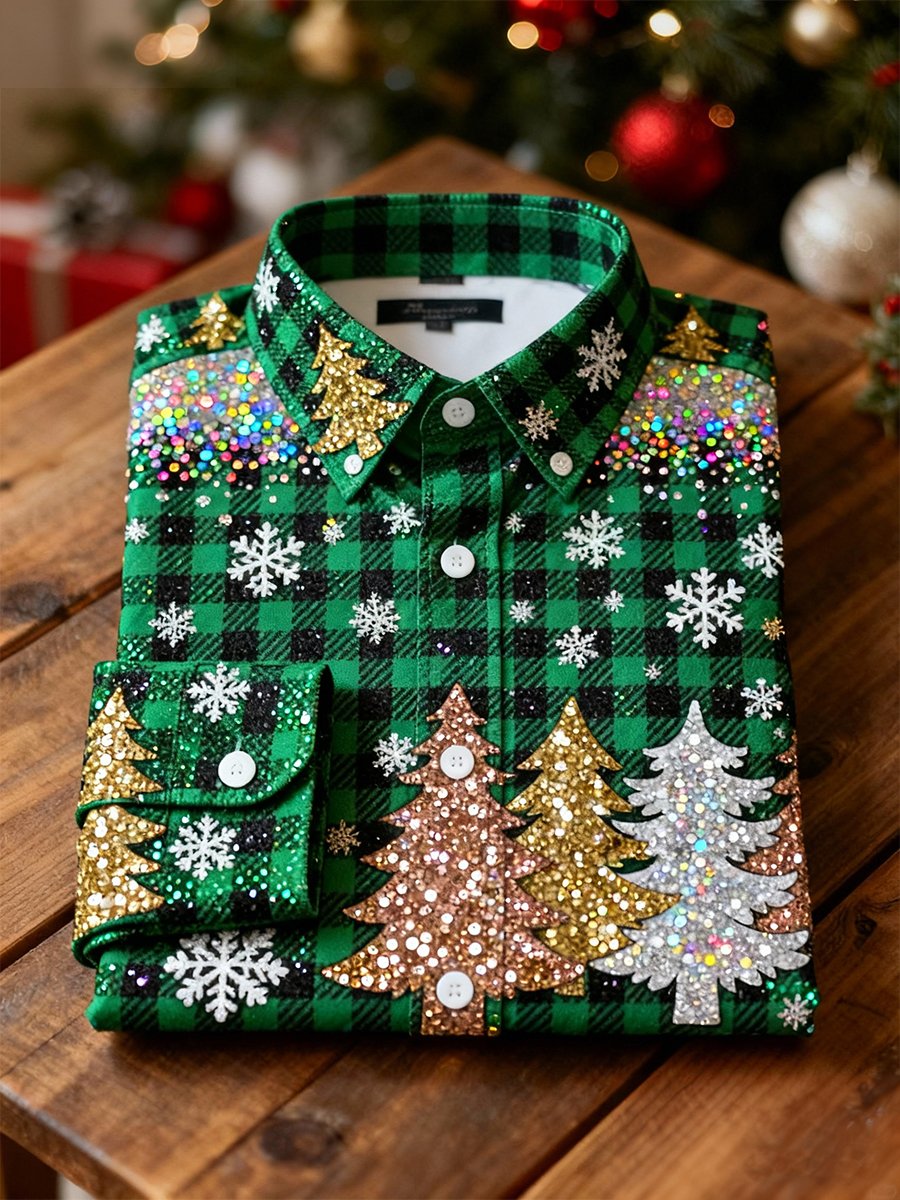 Camisa ejecutivo de lujo a cuadros Christmas Tree de manga larga para hombre