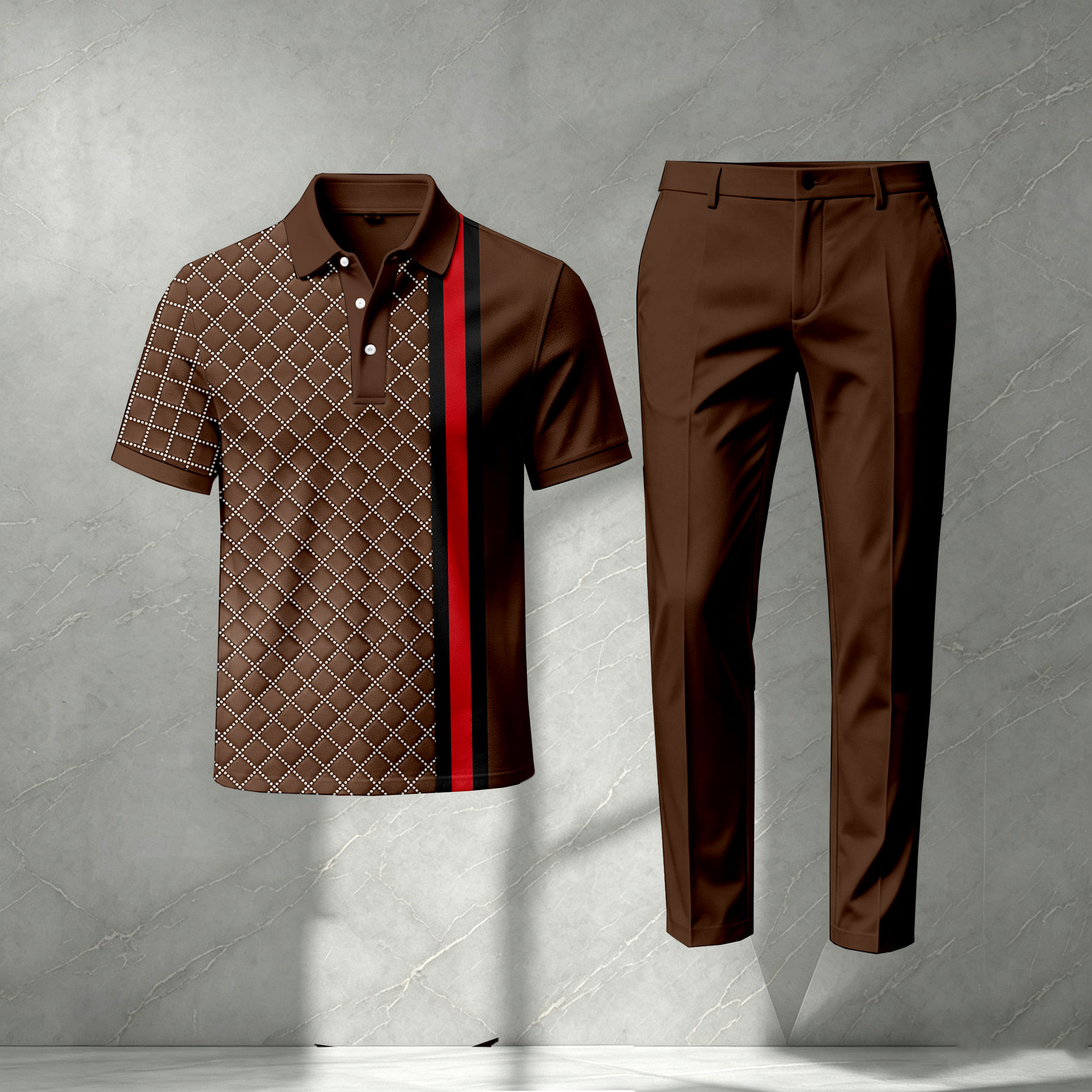 para hombre Dark Brown de manga corta camisa polo and pantalón Set
