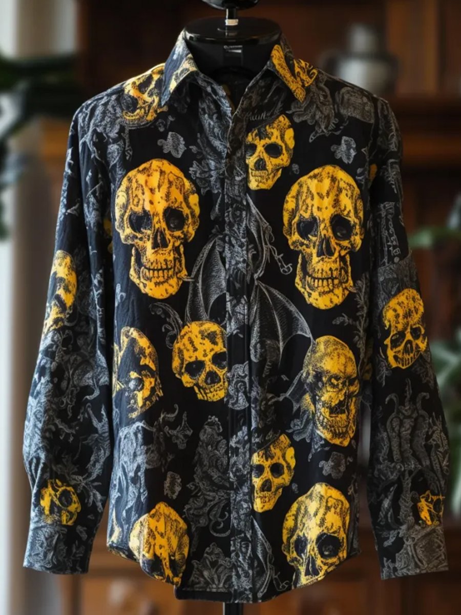 Camisa Gothic Dark Halloween Skull estampado de manga larga para hombre