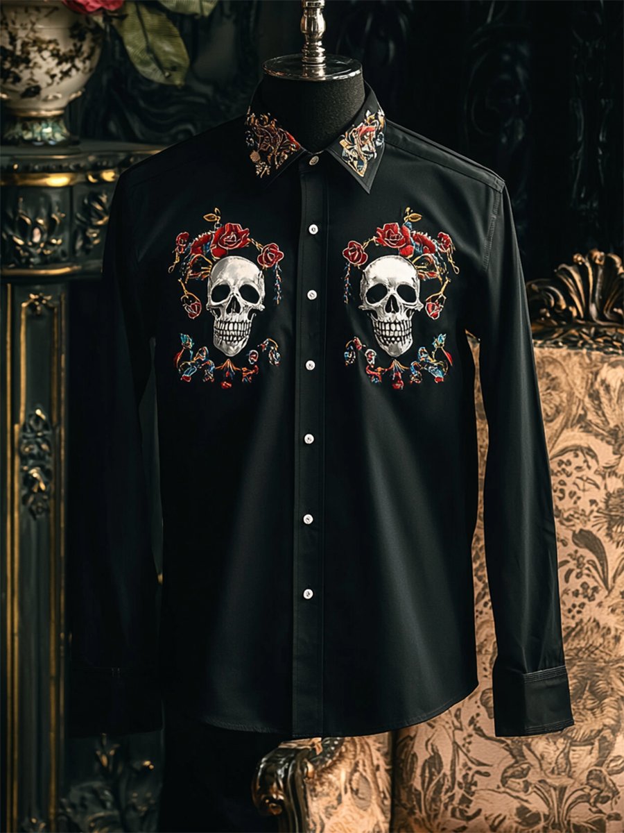 Camisa retro casual Skull estampado de manga larga para hombre