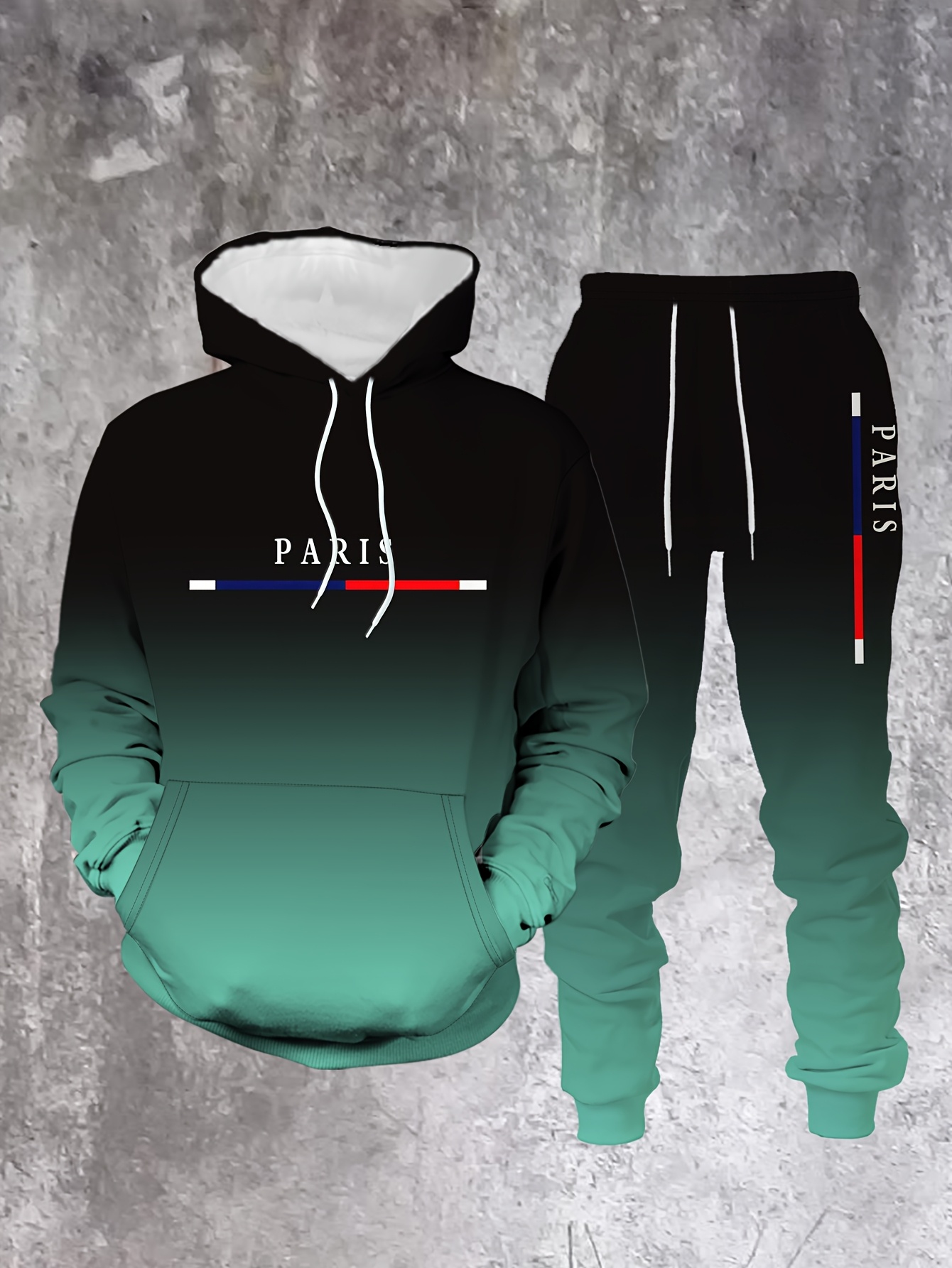 Conjunto de dos piezas casual Black Gradient Color estampado sudadera con capuchas de manga larga sudaderas & Sweatpantalón para hombre