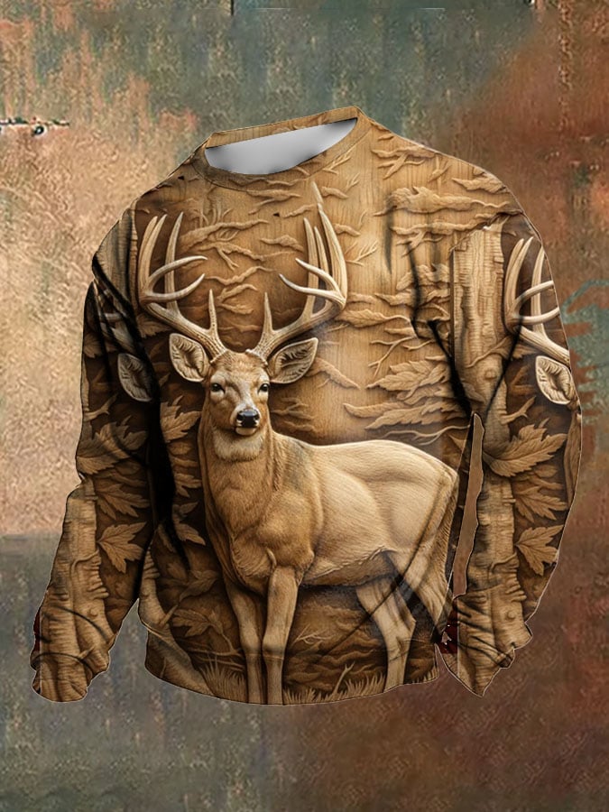 Sudadera retro Western 3D Deer diseño estampado cuello redondo para hombre