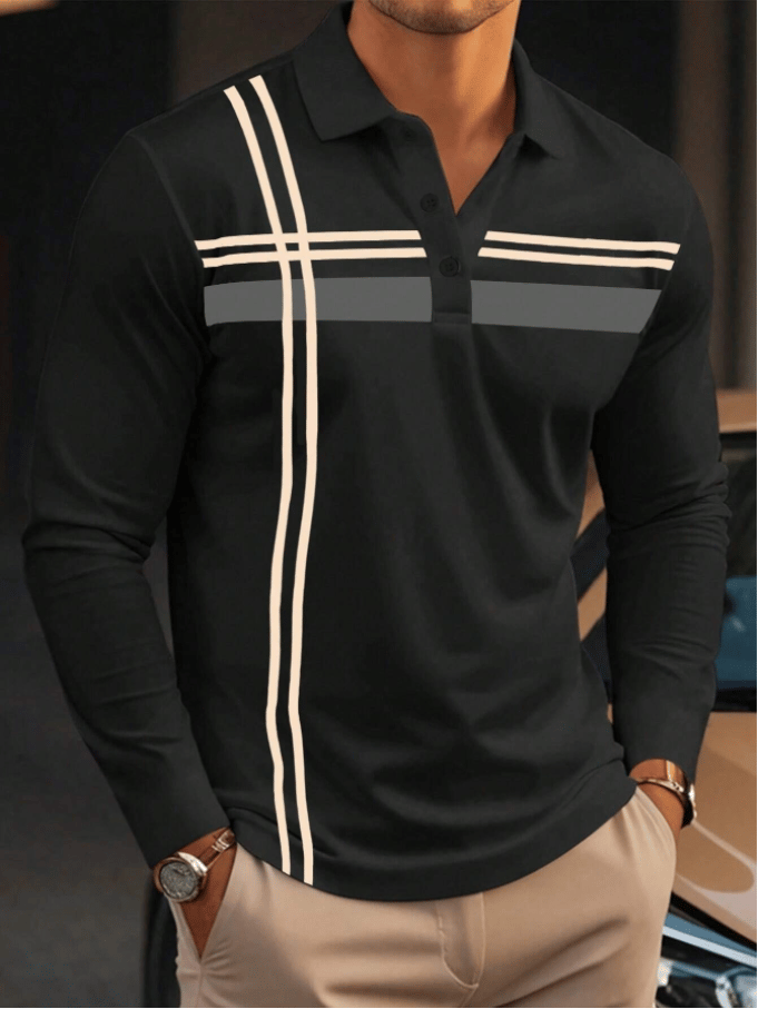 Camisa polo ejecutivo casual a rayas de manga larga para hombre