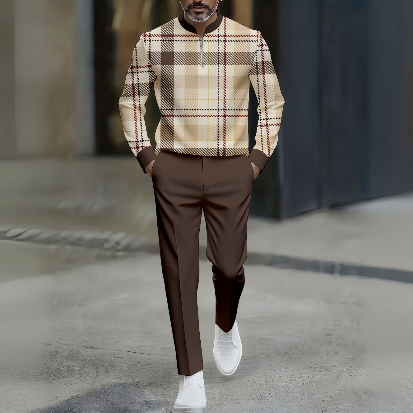 Conjunto de dos piezas Coffee & Khaki casual Color Matching Checked estampado Round-Neck Zipper de manga larga Trousers para hombre