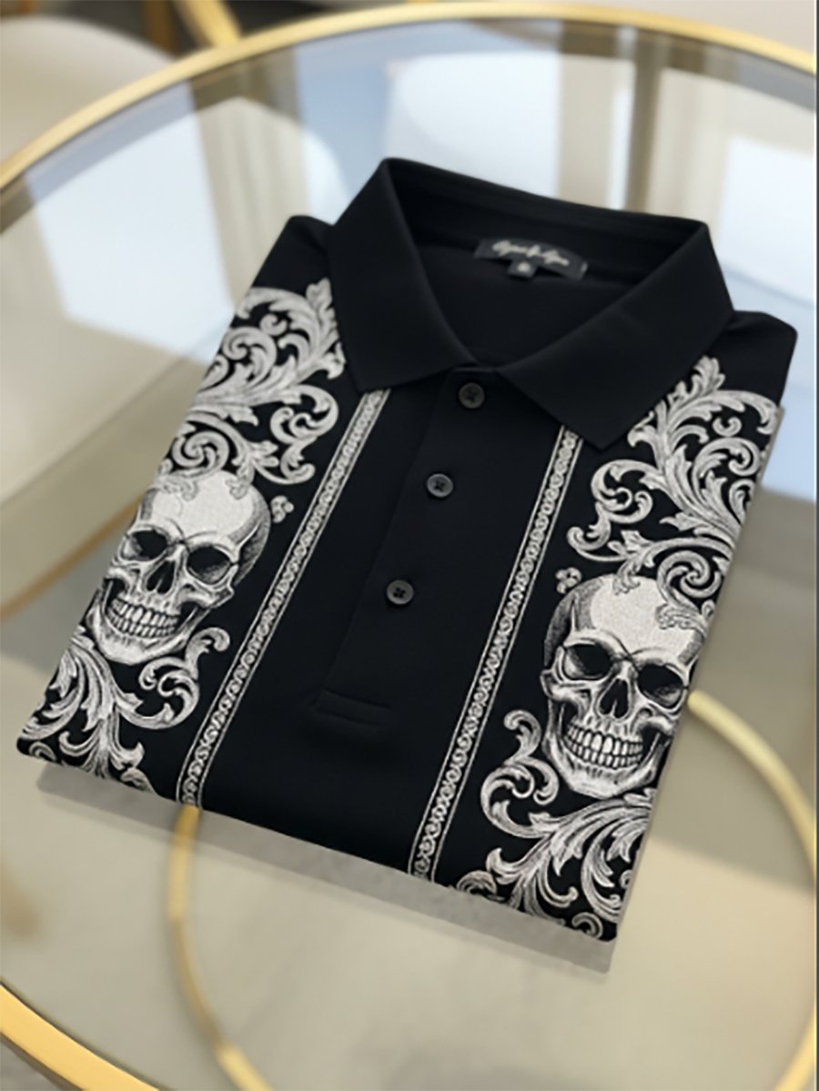 Camisa polo vintage ejecutivo Skull de manga larga para hombre
