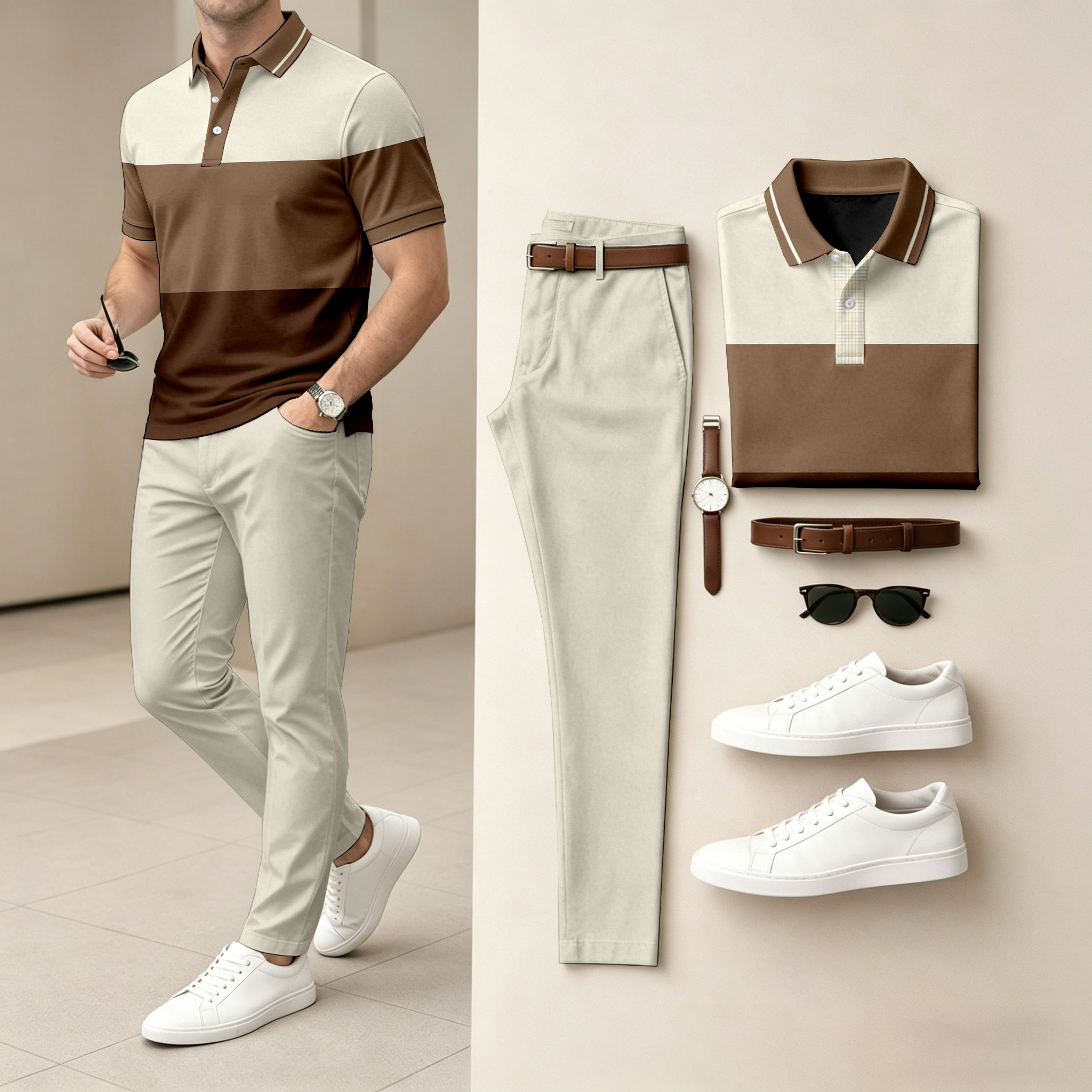 para hombre conjunto de dos piezas: Color-Blocked de manga corta camisa polo and pantalón