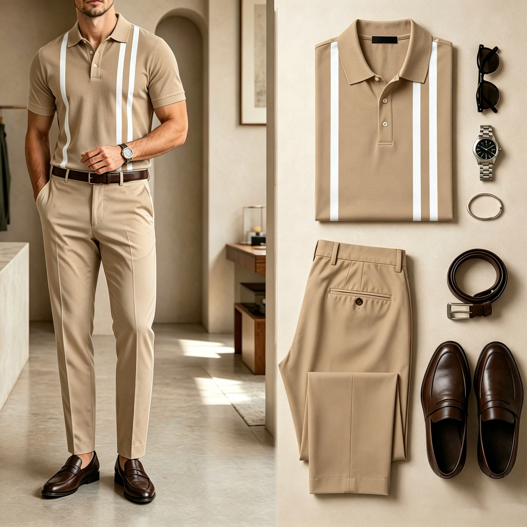 Camisa polo casual Vertical-a rayas Patchpara trabajo estampado de manga corta And pantalón Set (Excludes Accessories Such As Watches And Belts) para hombre