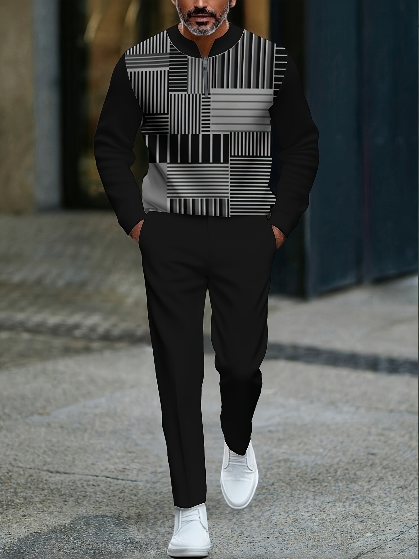 Conjunto de dos piezas casual Color Matching a rayas estampado Round-Neck Zipper de manga larga Trousers Black para hombre