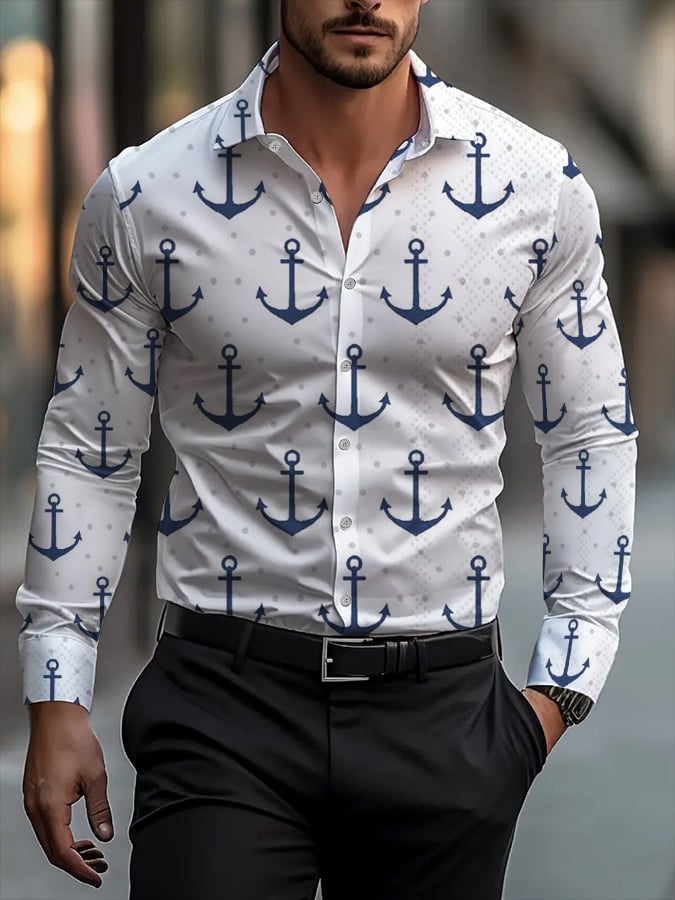Camisa vintage Anchor de moda de manga larga solapa para hombre