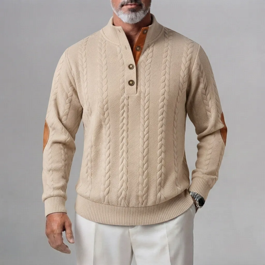 Sudadera Cable tejido Button Half Placket Stand Collar Patchpara trabajo para hombre