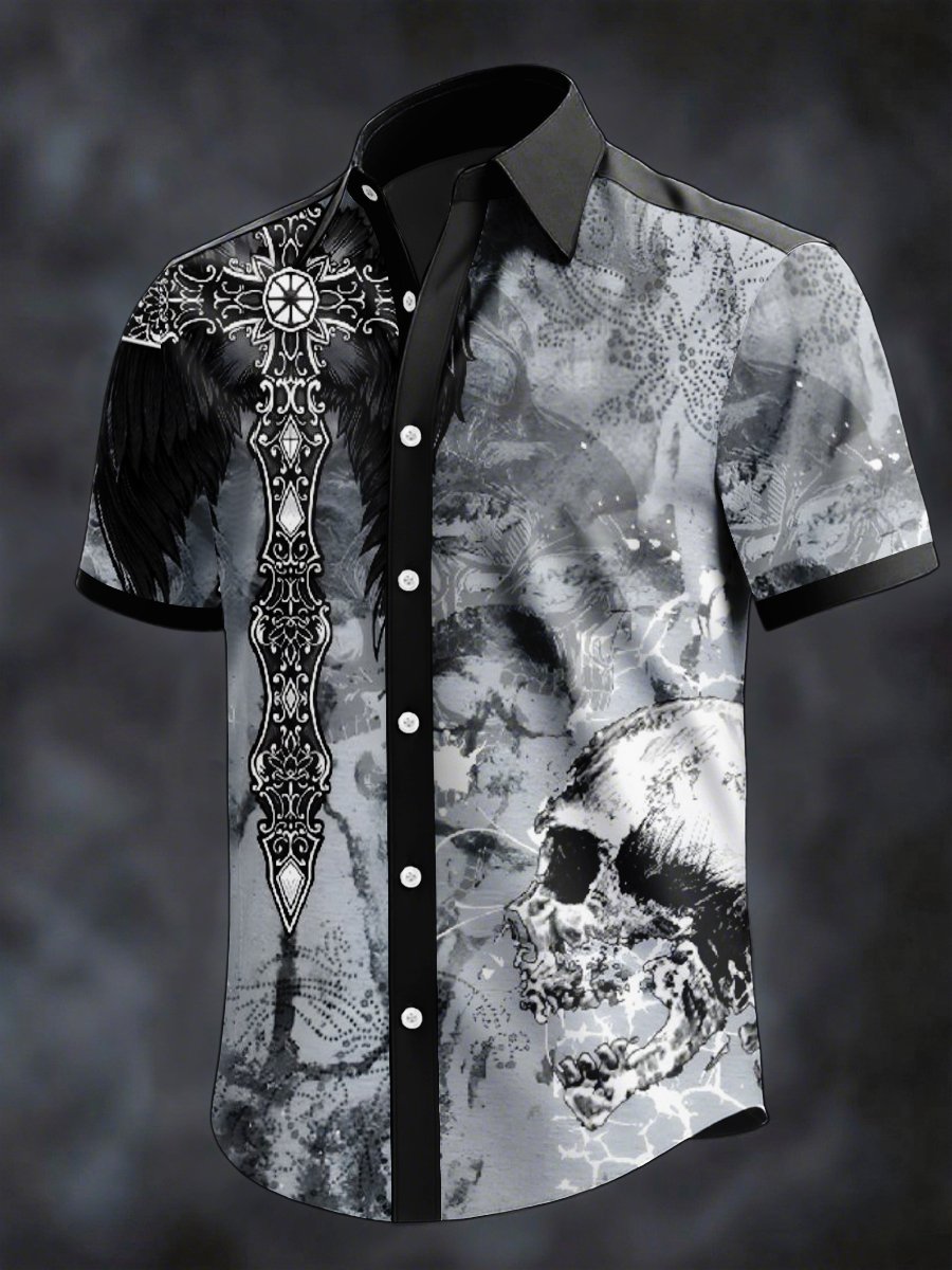 Camisa retro Horror Skull estampado solapa de manga corta para hombre