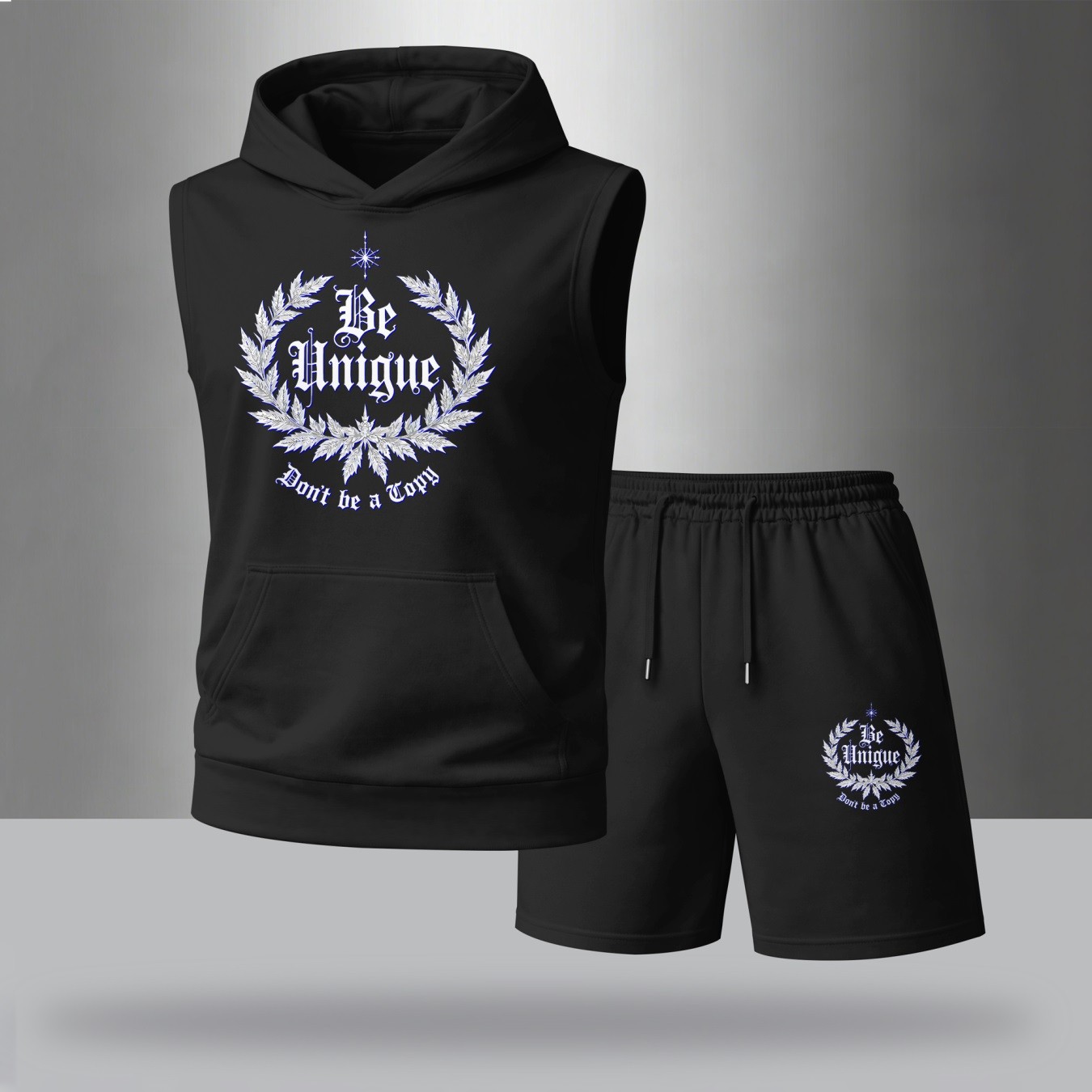Sudadera con capucha Urban Style Sleeveless Set – “Be Unique” estampado, Don’t Be a Copy Graphic, Summer Streetwear Tracksuit, TikTok US Hot Trend, para uso diario & Gym Ready para hombre