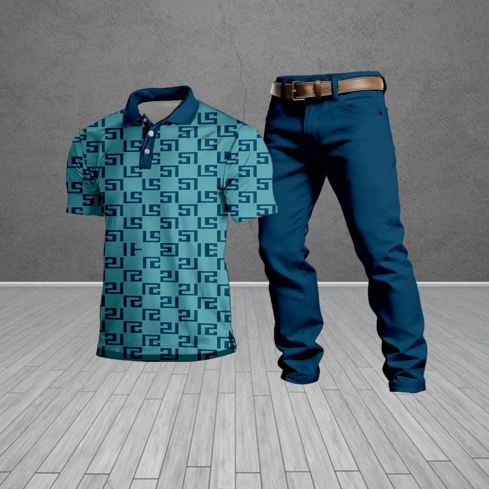 Conjunto de dos piezas casual Royal Blue Patterned de manga corta camisa polo And Trousers para hombre