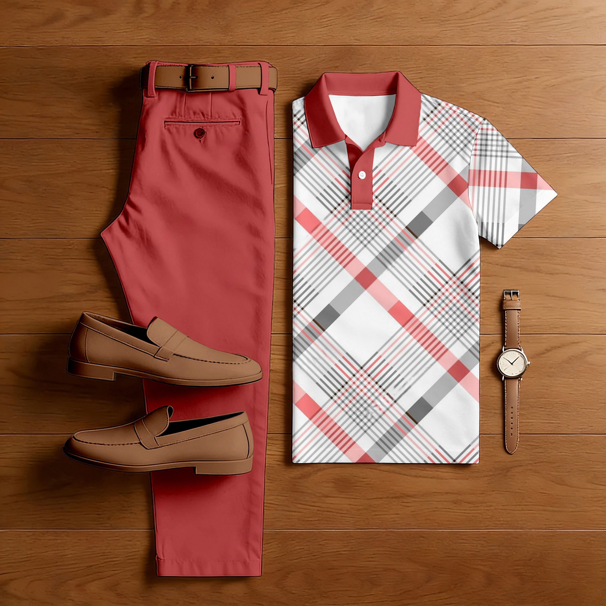 Conjunto de dos piezas casual White & Red Color Matching Geometric estampado de manga corta camisa polo & Trousers para hombre