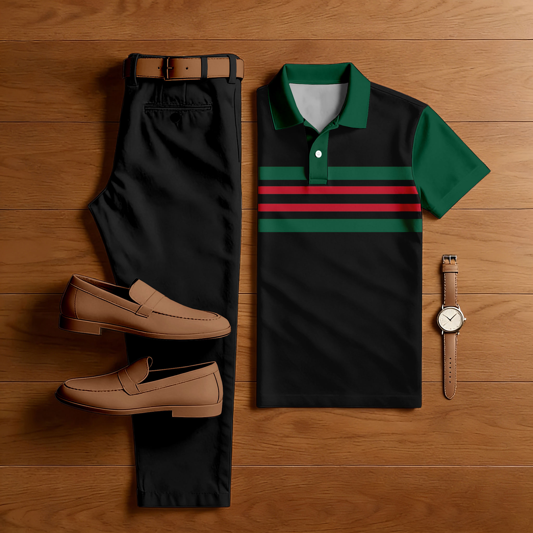 Conjunto de dos piezas casual Black & Green Color Matching a rayas estampado de manga corta camisa polo & Trousers para hombre