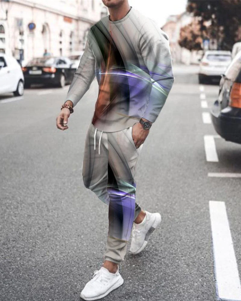 Casual gradient estampado color matching de manga larga sports set 015 para hombre