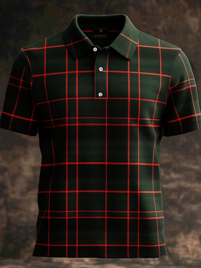 Camisa polo casual clásico a cuadros estampado ejecutivo de manga corta para hombre