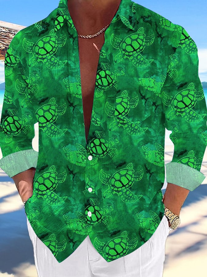 Camisa casual Hawaiian Turtle estampado Lapel para hombre