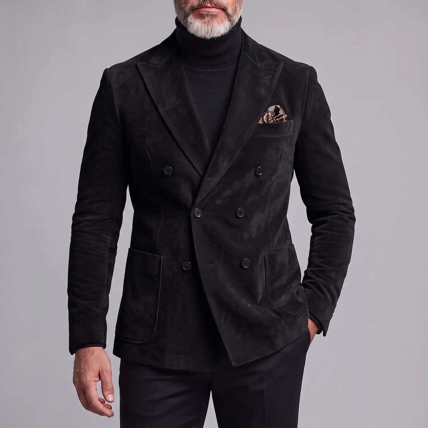 para hombre retro Khaki Suede Peak Lapel Double-Breasted Patch Pocket de corte entallado saco