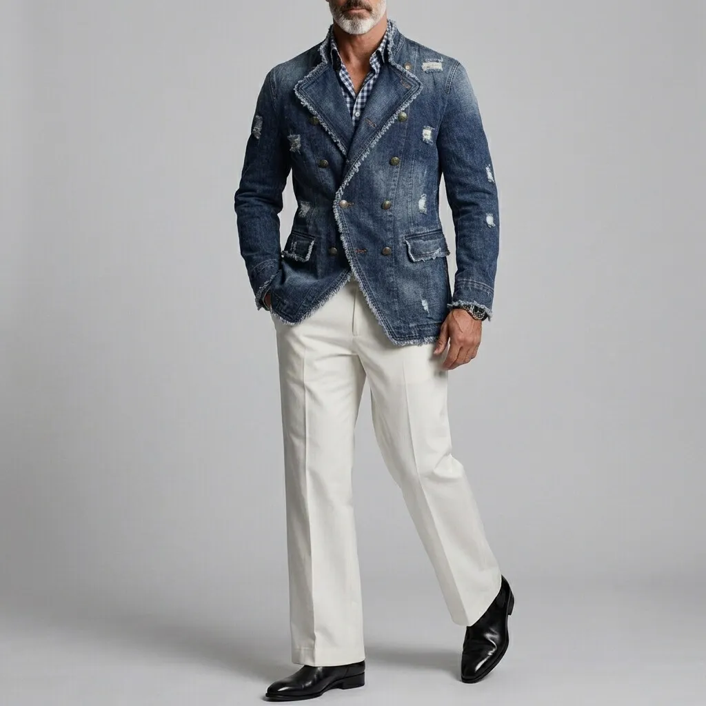 para hombre retro Ripped Frayed Edge Stand Collar Double-Breasted Denim chaqueta