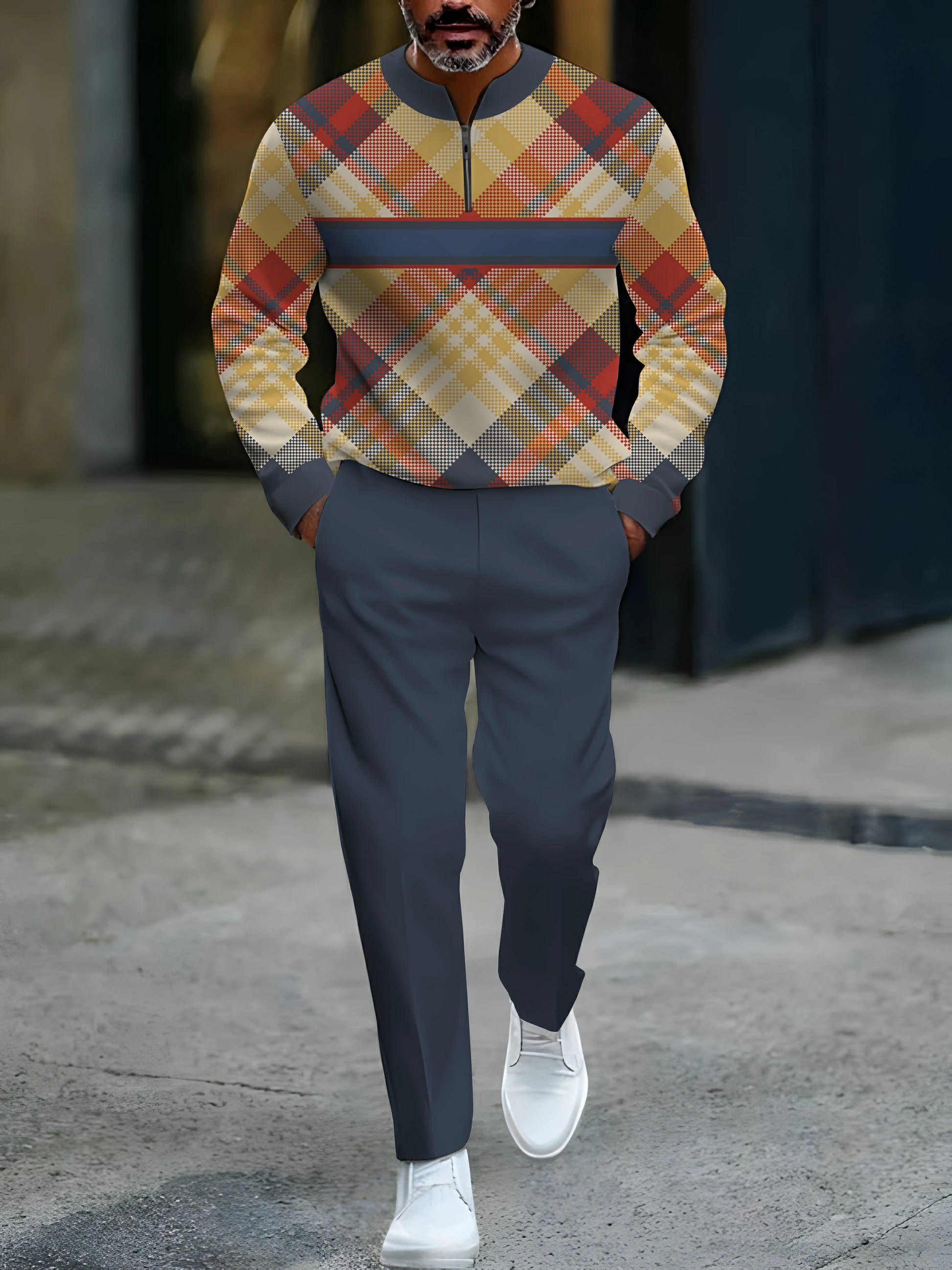 Conjunto de dos piezas casual Gary & Multicolored Color Matching Checked Pattenr Round-Neck cierre de manga larga Tops & Trousers para hombre