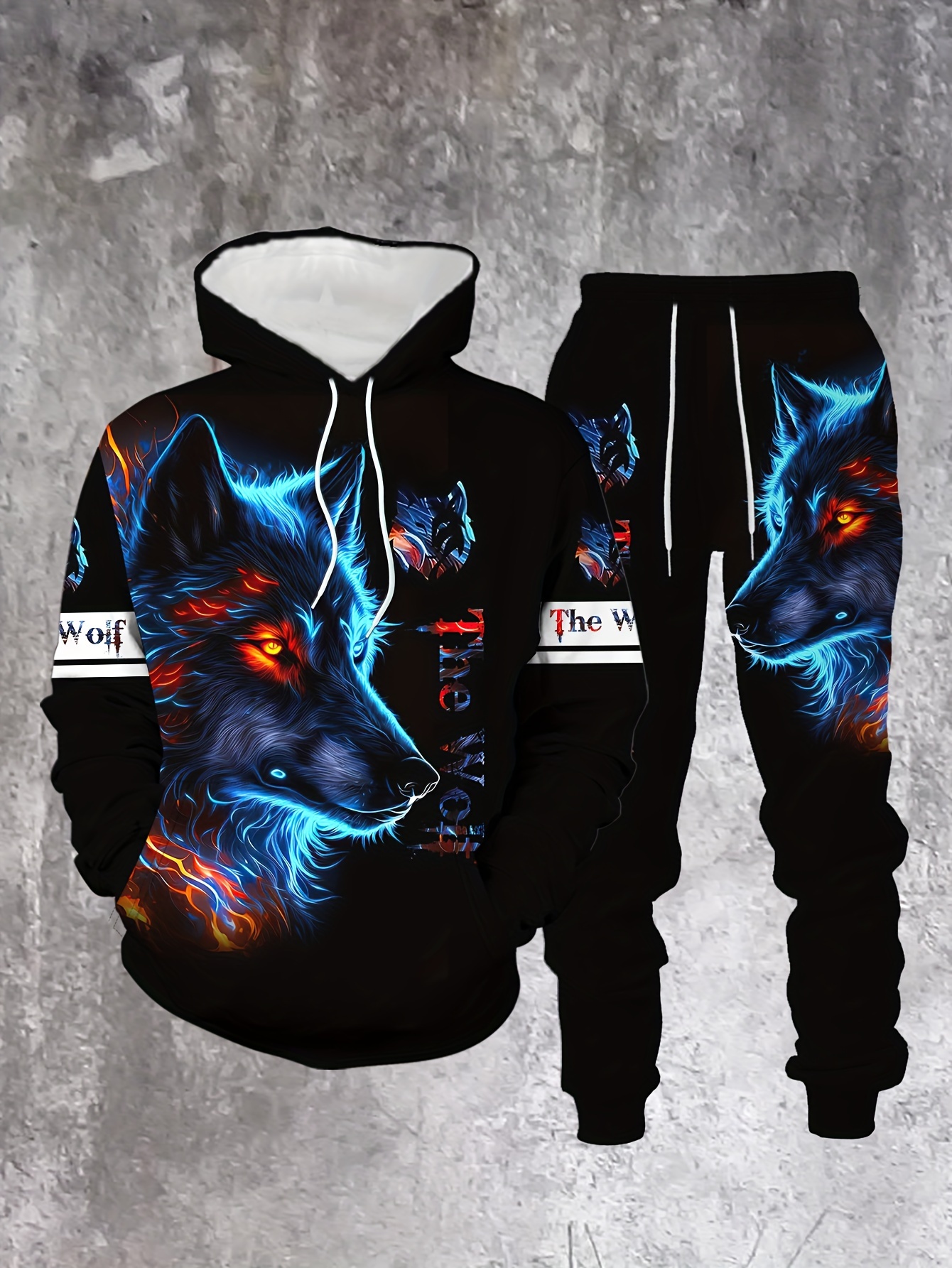 Conjunto de dos piezas casual “The Wolf“ estampado sudadera con capuchas de manga larga sudaderas & Sweatpantalón para hombre