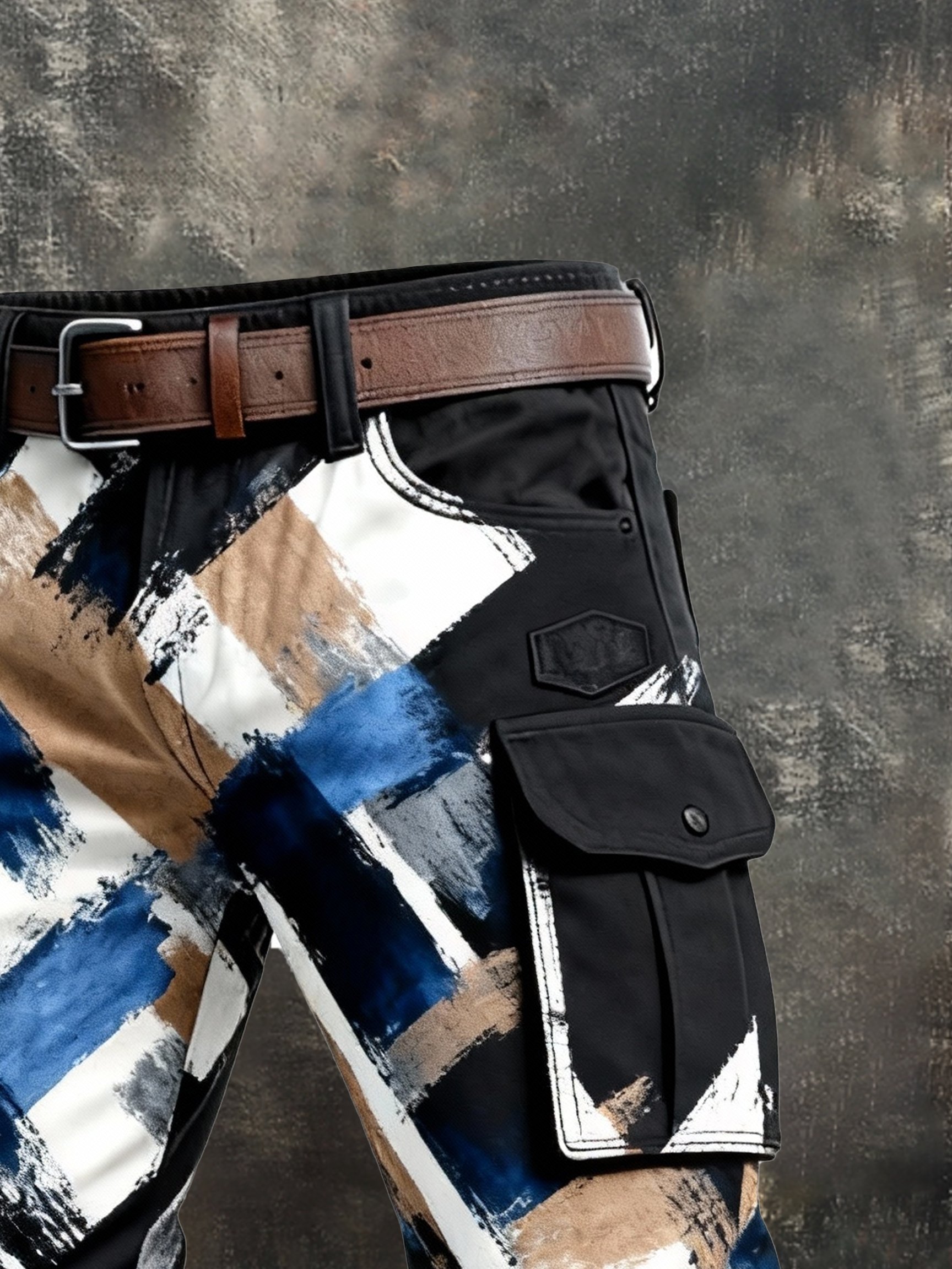 Pantalón retro en bloques de color desgastado bolsillo Cargo para hombre