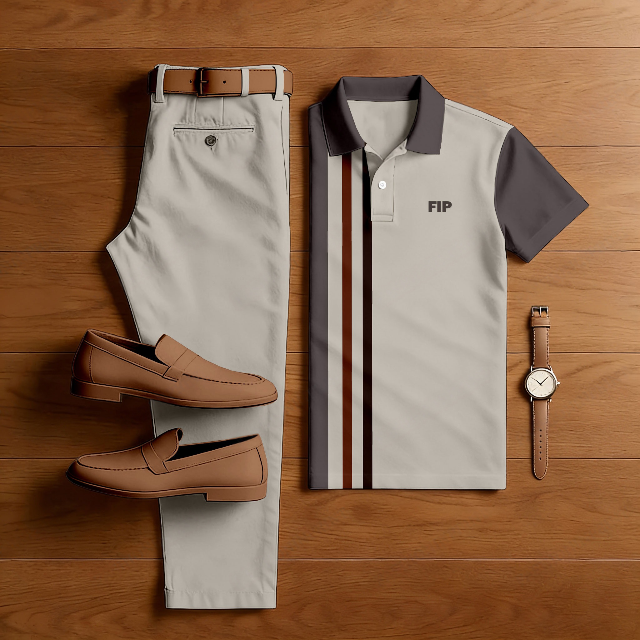 Conjunto de dos piezas casual Gray a rayas estampado de manga corta camisa And shorts para hombre