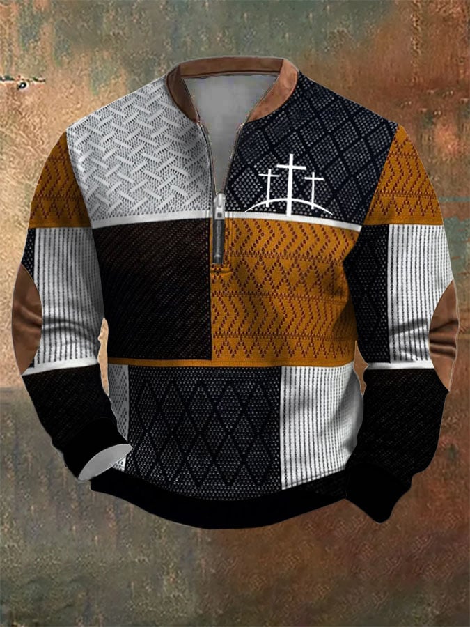 Sudadera retro Western texturizado Faith Cross estampado cierre Neck para hombre