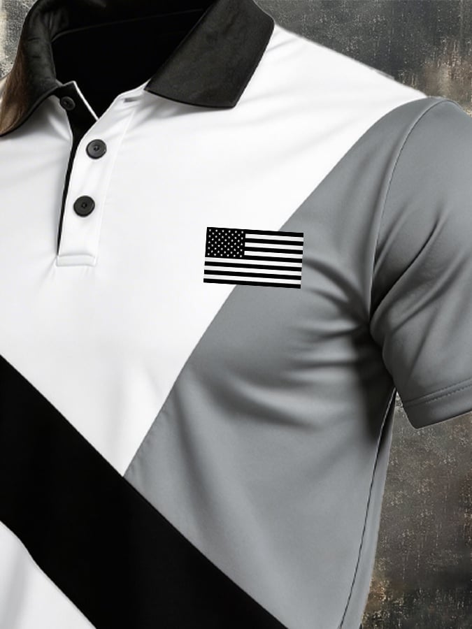 Camisa polo retro Patriotic Color-Block de manga corta para hombre