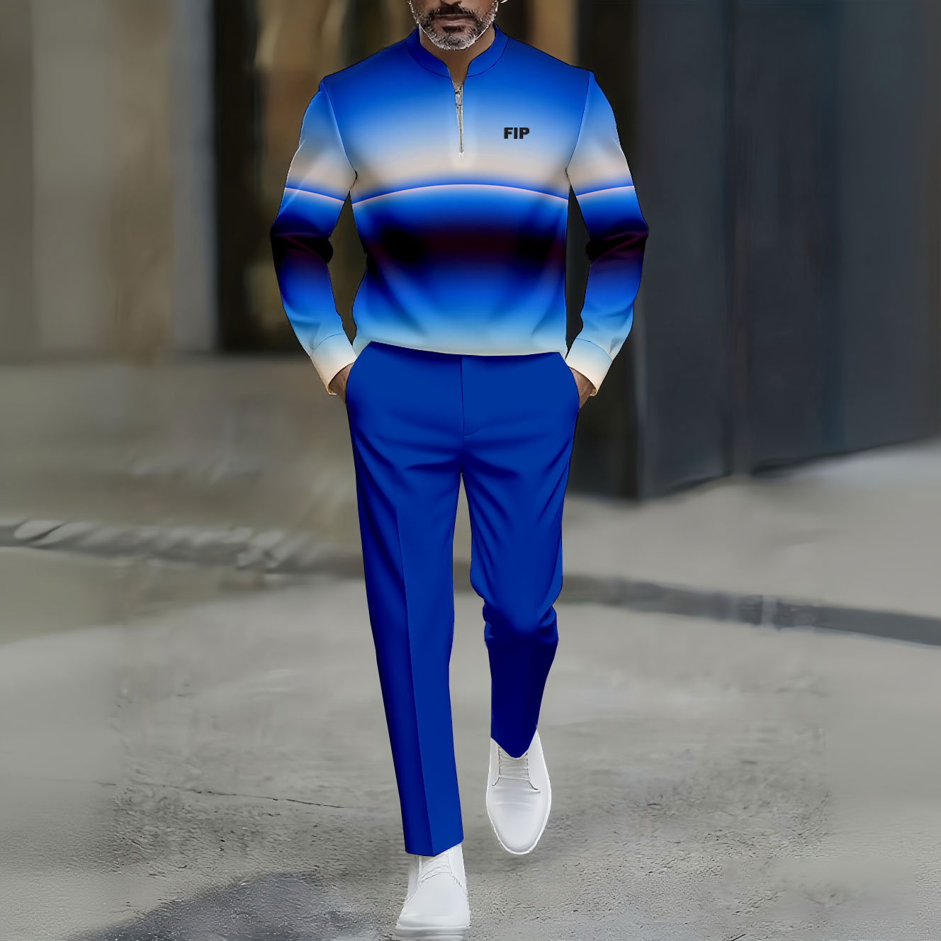 Conjunto de dos piezas casual Blue Gradient Color Matching a rayas estampado Round-Neck Zipper de manga larga Trousers para hombre