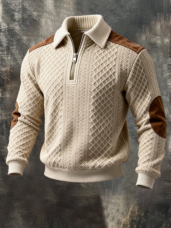 Sudadera vintage texturizado Fabric And gamuza Patchpara trabajo Color-Block de manga larga para hombre