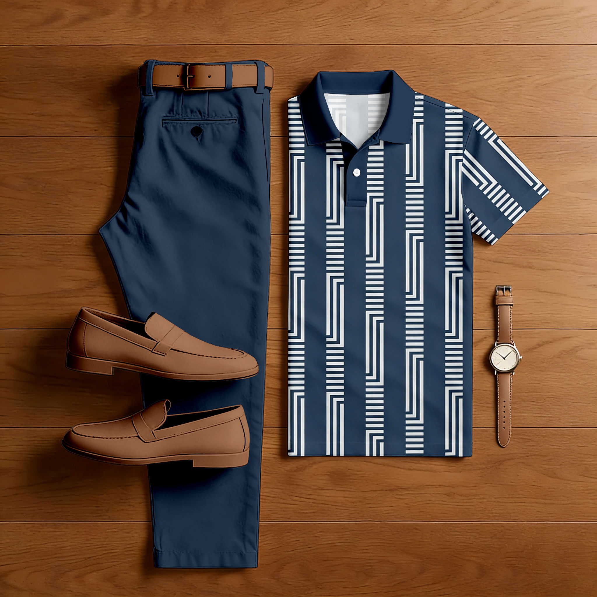 Conjunto de dos piezas casual Navy Blue & White Color Matching Geometric estampado de manga corta camisa polo & Trousers para hombre