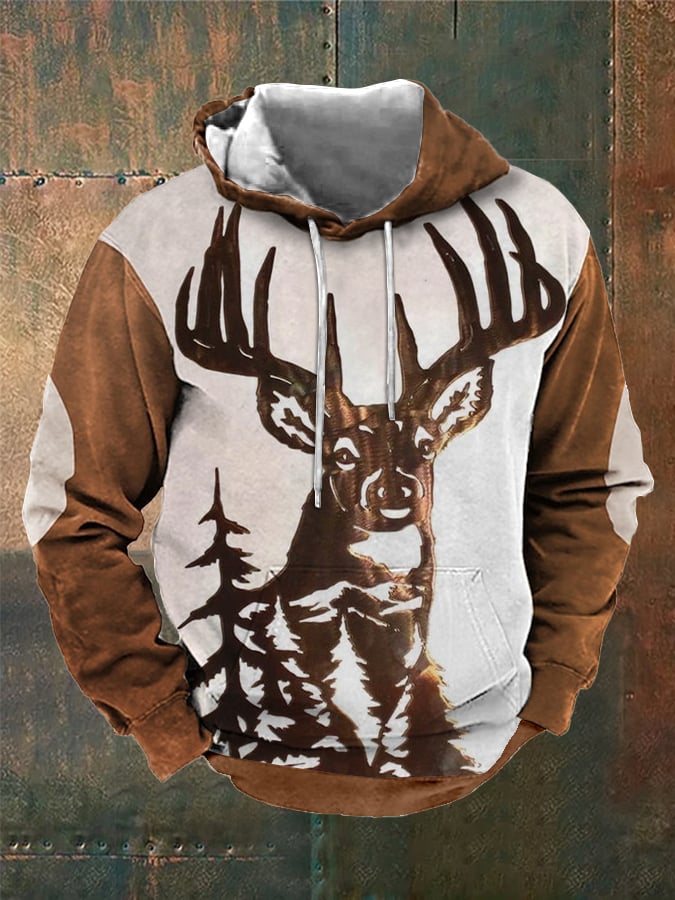 Sudadera retro Three-Dimensional Engraved Elk estampado Hooded para hombre