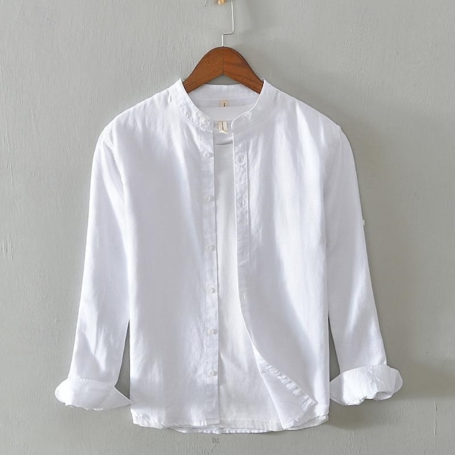 Camisa de lino camisa casual camisa Button Up camisa de algodón camisa Plain Vacation Hawaiian White Navy Blue Khaki Gray de manga larga Band Collar Spring Fall Clothing Apparel con botones para hombre