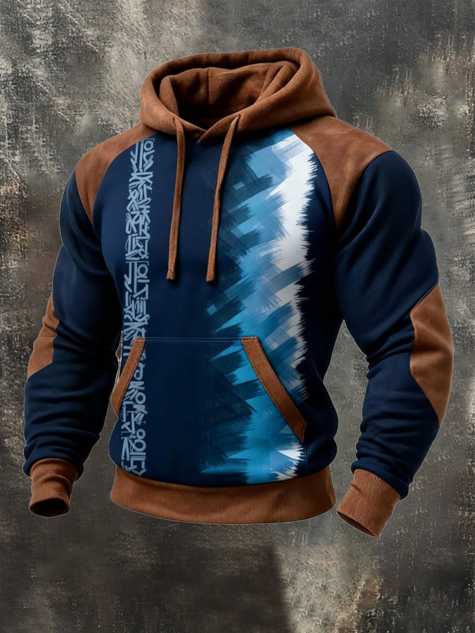 para hombre retro Distressed en bloques de color Print casual Fur Collar de manga larga Sweacamiseta