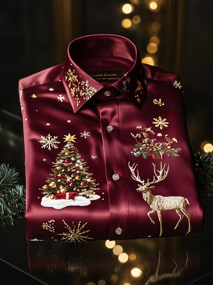 Camisa Christmas satén Luxe de manga larga con botones para hombre