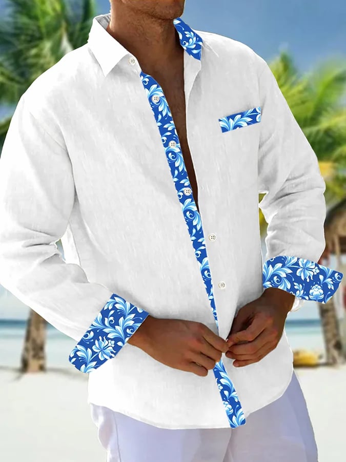 Camisa de moda casual Contrast Color de manga larga para hombre