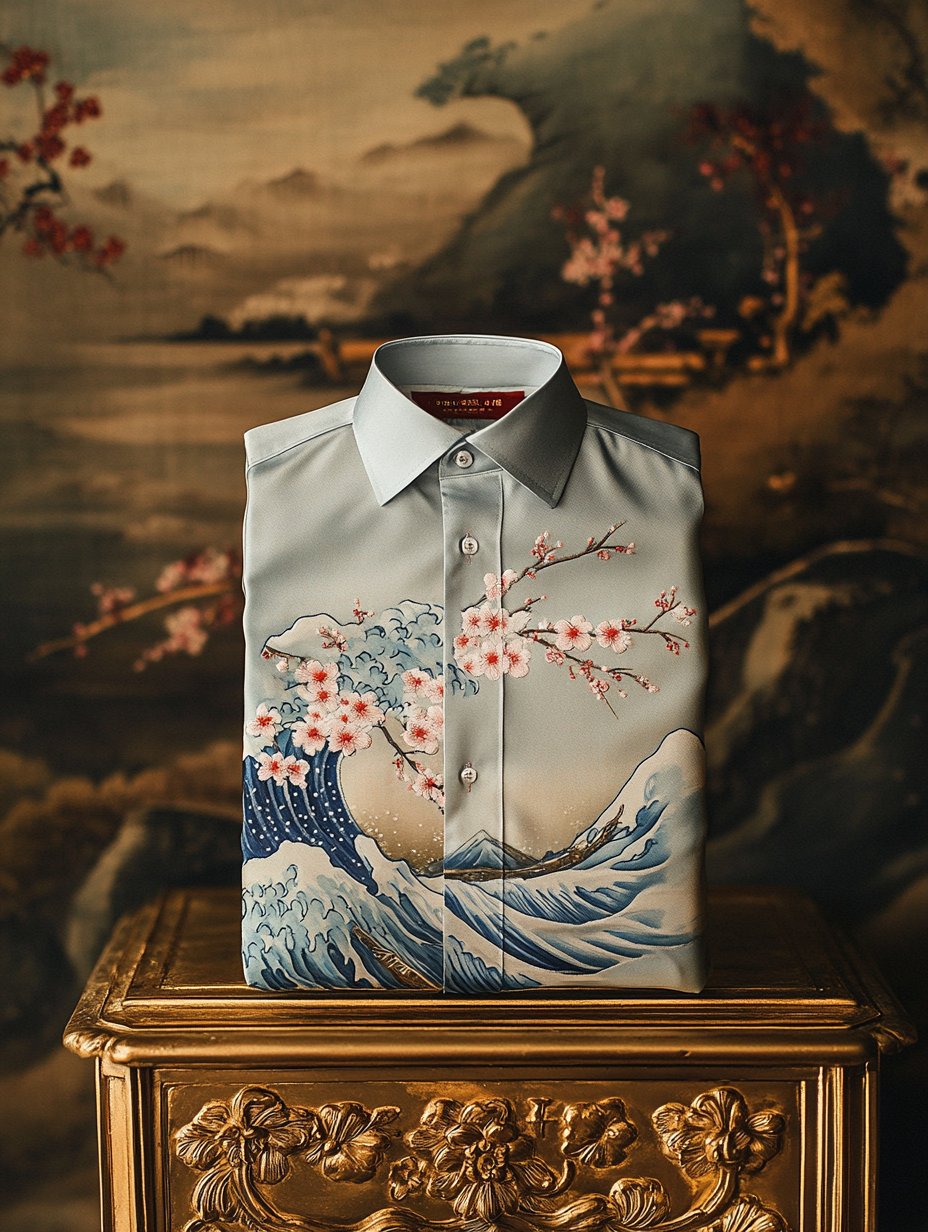 Camisa Ukiyo-e de lujo satén de manga larga para hombre