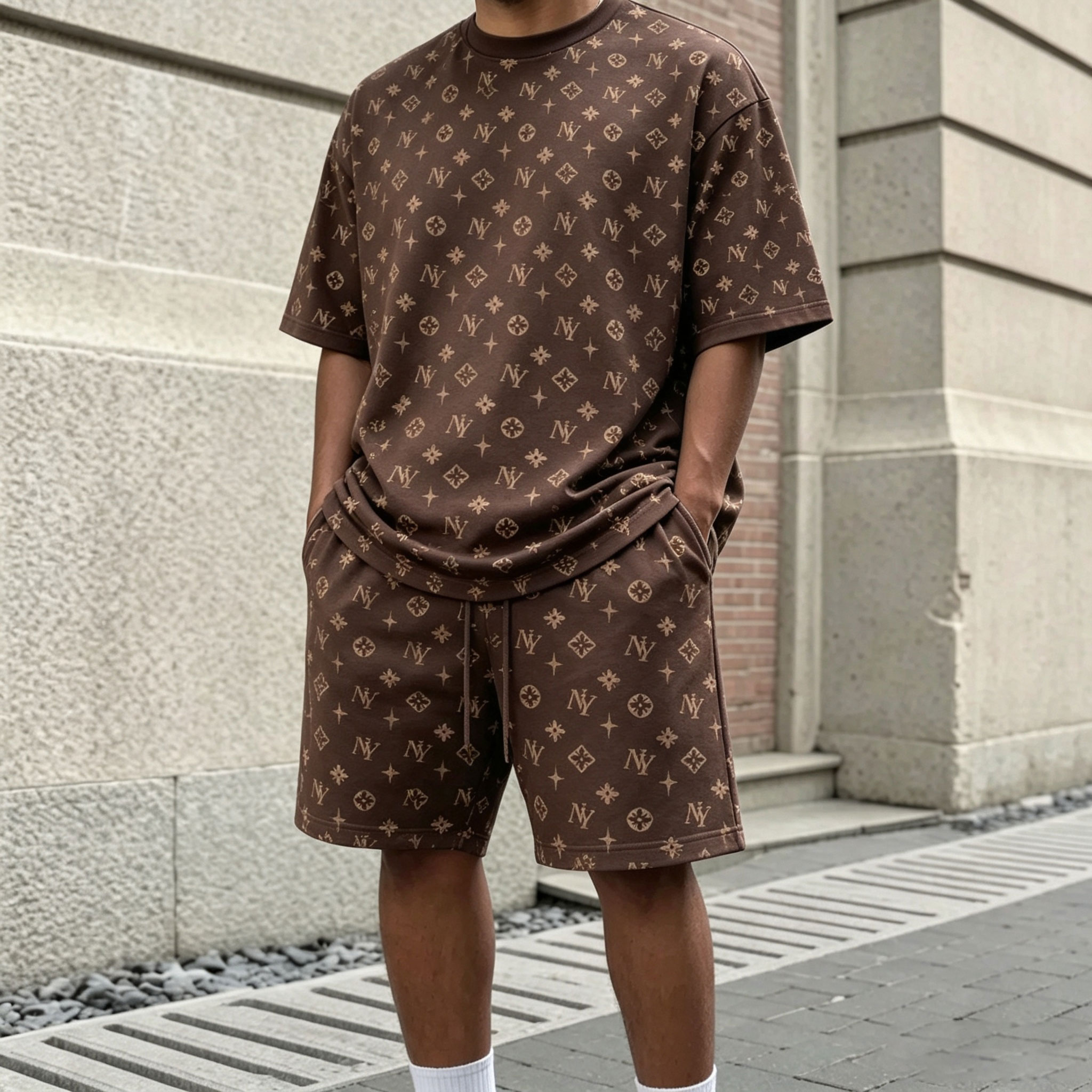 Conjunto de dos piezas casual vintage-estampado Round-Neck de manga corta camiseta and shorts para hombre