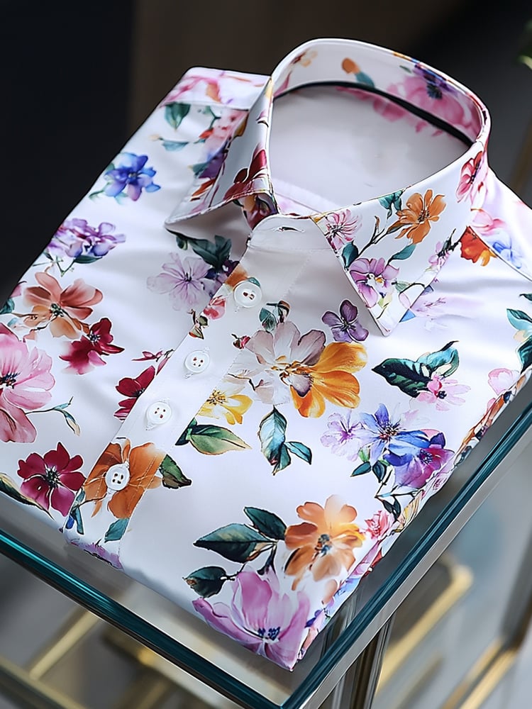 Camisa satén Luxe hawaiano All Over Light floral de manga corta Button para hombre